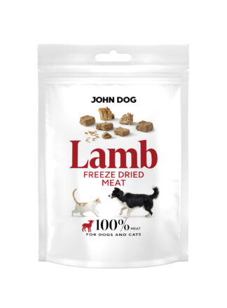 Opakowanie karmy freeze dried dla psów i kotów John Dog Lamb Meat, biała saszetka z grafiką psa i kota oraz kawałkami suszonego mięsa.