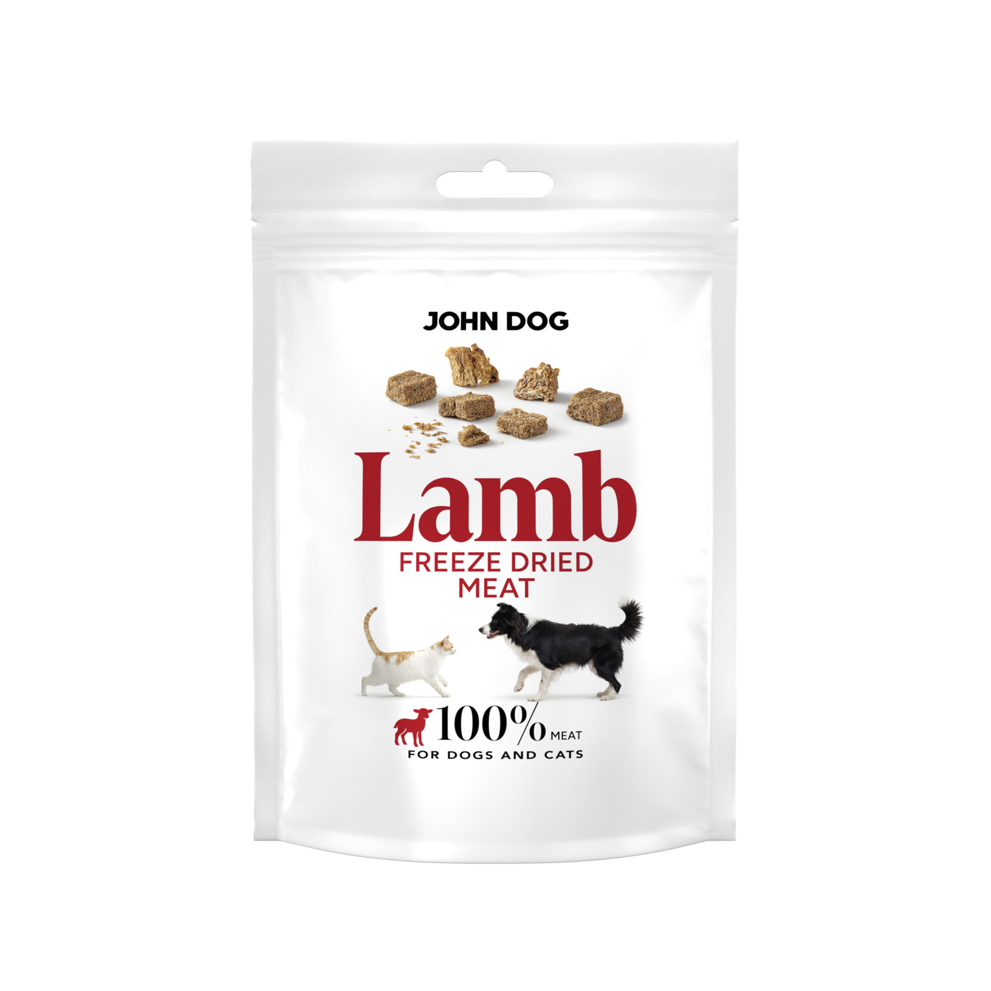 Opakowanie karmy freeze dried dla psów i kotów John Dog Lamb Meat, biała saszetka z grafiką psa i kota oraz kawałkami suszonego mięsa.
