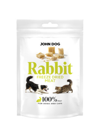 Opakowanie karmy freeze dried dla psów i kotów John Dog Rabbit Meat, biała saszetka z grafiką psa i kota oraz kawałkami suszonego mięsa.