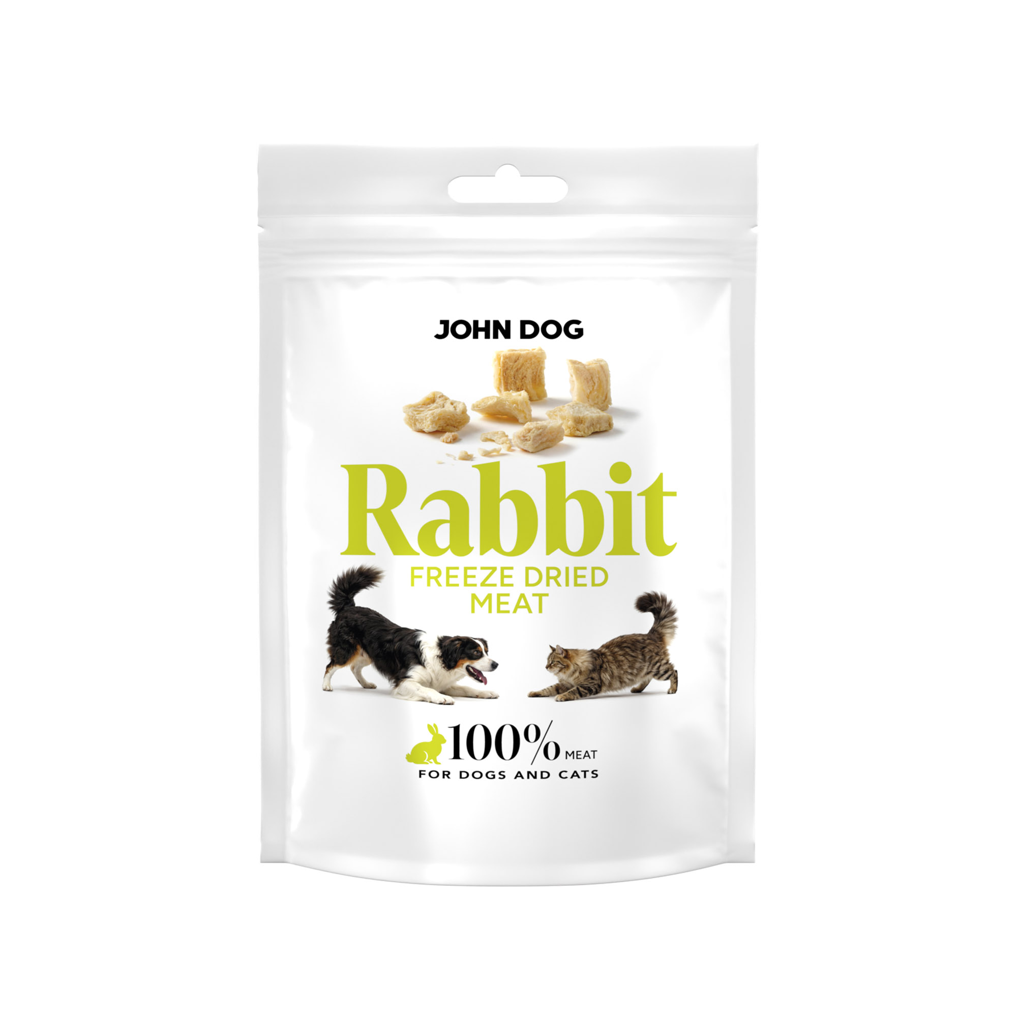 Opakowanie karmy freeze dried dla psów i kotów John Dog Rabbit Meat, biała saszetka z grafiką psa i kota oraz kawałkami suszonego mięsa.
