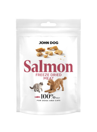 Opakowanie karmy freeze dried dla psów i kotów John Dog Salmon Meat, biała saszetka z grafiką psa i kota oraz kawałkami suszonego mięsa.