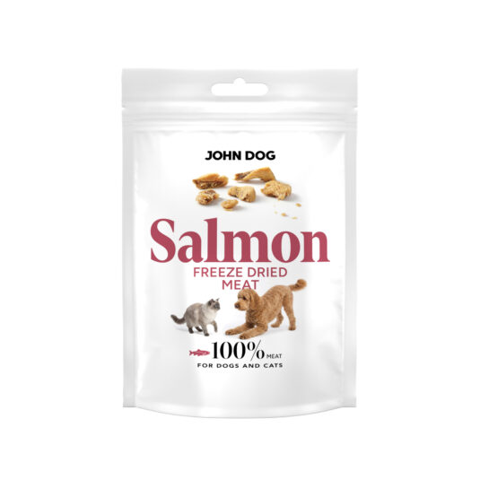 Opakowanie karmy freeze dried dla psów i kotów John Dog Salmon Meat, biała saszetka z grafiką psa i kota oraz kawałkami suszonego mięsa.