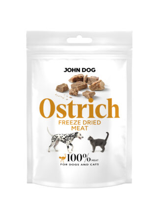 Opakowanie karmy freeze dried dla psów i kotów John Dog Ostrich Meat, biała saszetka z grafiką psa i kota oraz kawałkami suszonego mięsa.