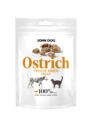 Opakowanie karmy freeze dried dla psów i kotów John Dog Ostrich Meat, biała saszetka z grafiką psa i kota oraz kawałkami suszonego mięsa.