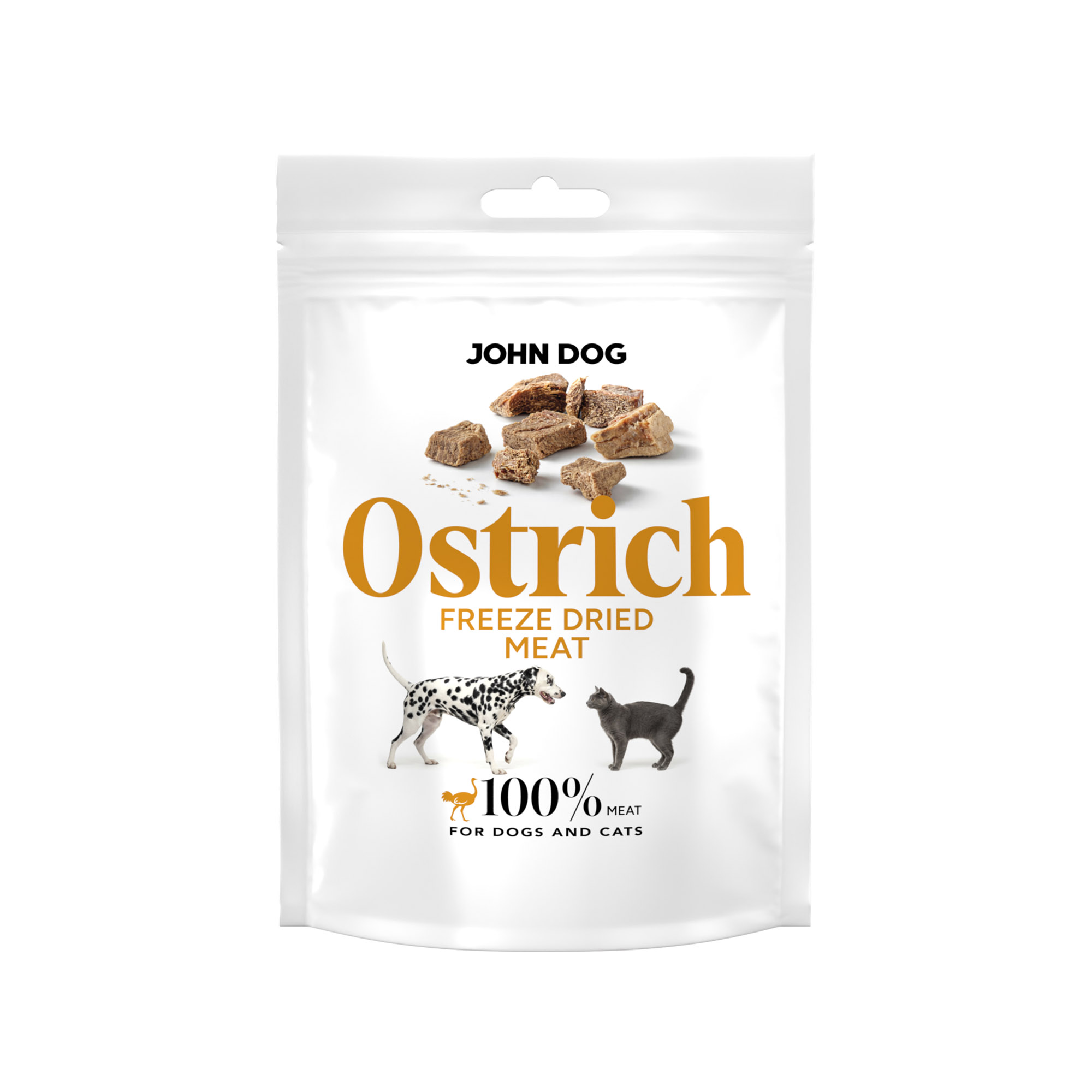 Opakowanie karmy freeze dried dla psów i kotów John Dog Ostrich Meat, biała saszetka z grafiką psa i kota oraz kawałkami suszonego mięsa.