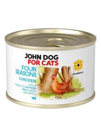 Puszka mokrej karmy dla kotów John Dog For Cats Four Seasons Chicken Adult 185 g. Na białej etykiecie znajduje się ilustracja kury stojącej przed pniami drzew oraz symbol nagietka i niebieskie napisy.