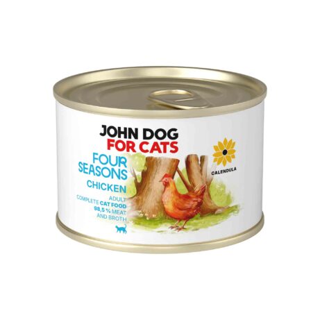 Puszka mokrej karmy dla kotów John Dog For Cats Four Seasons Chicken Adult 185 g. Na białej etykiecie znajduje się ilustracja kury stojącej przed pniami drzew oraz symbol nagietka i niebieskie napisy.