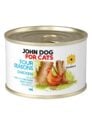 Puszka mokrej karmy dla kotów John Dog For Cats Four Seasons Chicken Adult 185 g. Na białej etykiecie znajduje się ilustracja kury stojącej przed pniami drzew oraz symbol nagietka i niebieskie napisy.
