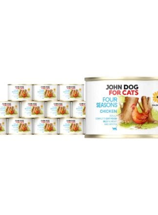 12 puszek mokrej karmy dla kotów John Dog For Cats Four Seasons Chicken Adult 185 g. Na białych etykietach znajduje się ilustracja kury stojącej przed pniami drzew oraz symbol nagietka i niebieskie napisy.