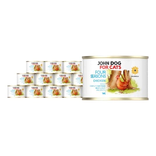 12 puszek mokrej karmy dla kotów John Dog For Cats Four Seasons Chicken Adult 185 g. Na białych etykietach znajduje się ilustracja kury stojącej przed pniami drzew oraz symbol nagietka i niebieskie napisy.