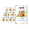 12 puszek mokrej karmy dla kotów John Dog For Cats Four Seasons Chicken Adult 400 g. Na białych etykietach znajduje się ilustracja kury stojącej przed pniami drzew oraz symbol nagietka i niebieskie napisy.