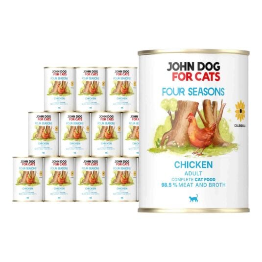 12 puszek mokrej karmy dla kotów John Dog For Cats Four Seasons Chicken Adult 400 g. Na białych etykietach znajduje się ilustracja kury stojącej przed pniami drzew oraz symbol nagietka i niebieskie napisy.