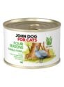 Puszka mokrej karmy dla kotów John Dog For Cats Four Seasons Guinea fowl Adult 185 g. Na białej etykiecie znajduje się ilustracja perliczki stojącej przed pniami drzew oraz symbol alg morskich i zielone napisy.