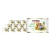 12 puszek mokrej karmy dla kotów John Dog For Cats Four Seasons Guinea fowl Adult 185 g Na białych etykietach znajduje się ilustracja perliczki stojącej przed pniami drzew oraz symbol alg morskich i zielone napisy.