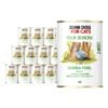 12 puszek mokrej karmy dla kotów John Dog For Cats Four Seasons Guinea fowl Adult 400 g. Na białych etykietach znajduje się ilustracja perliczki stojącej przed pniami drzew oraz symbol alg morskich i zielone napisy.