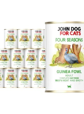 12 puszek mokrej karmy dla kotów John Dog For Cats Four Seasons Guinea fowl Adult 400 g. Na białych etykietach znajduje się ilustracja perliczki stojącej przed pniami drzew oraz symbol alg morskich i zielone napisy.
