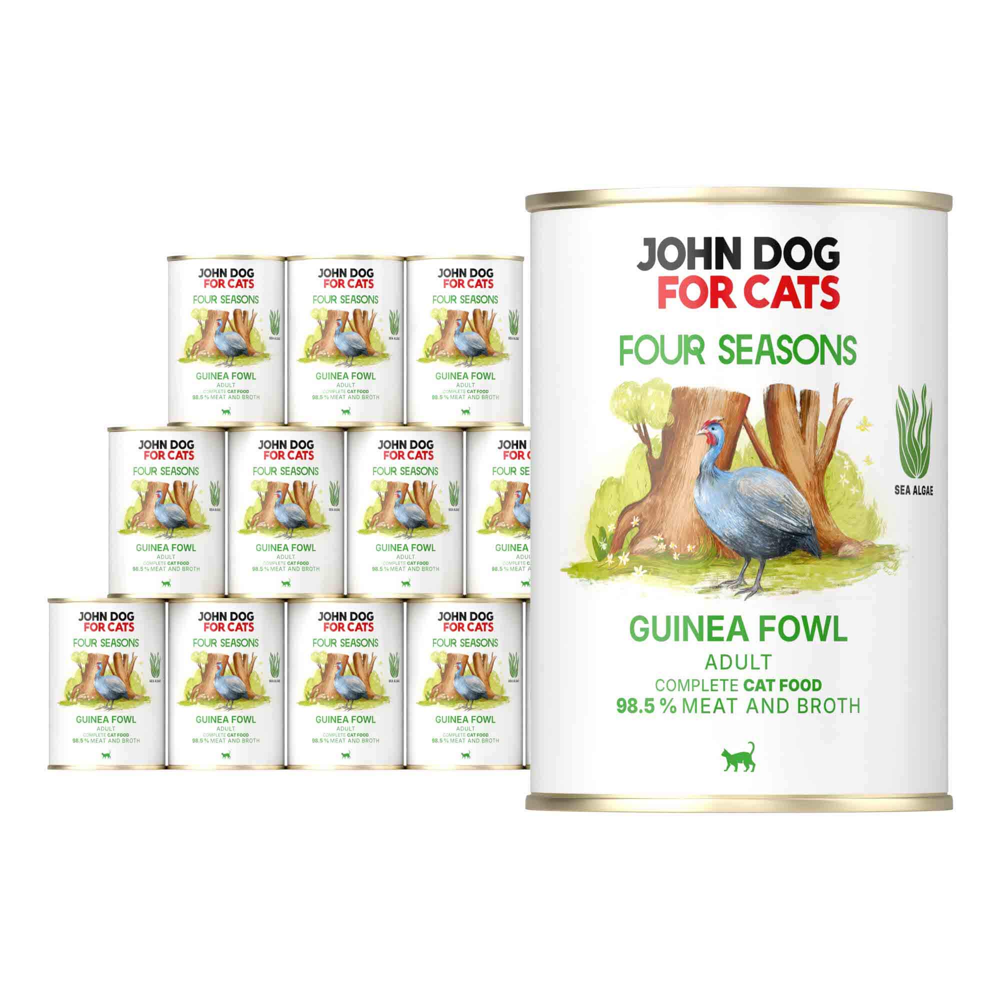 12 puszek mokrej karmy dla kotów John Dog For Cats Four Seasons Guinea fowl Adult 400 g. Na białych etykietach znajduje się ilustracja perliczki stojącej przed pniami drzew oraz symbol alg morskich i zielone napisy.