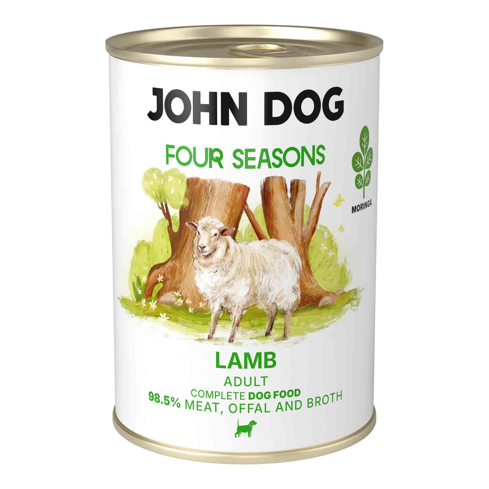 Puszka mokrej karmy dla psów John Dog Four Seasons Lamb Adult 400 g. Na białej etykiecie znajduje się ilustracja owcy stojącej przed pniami drzew oraz symbol moringi i zielone napisy.