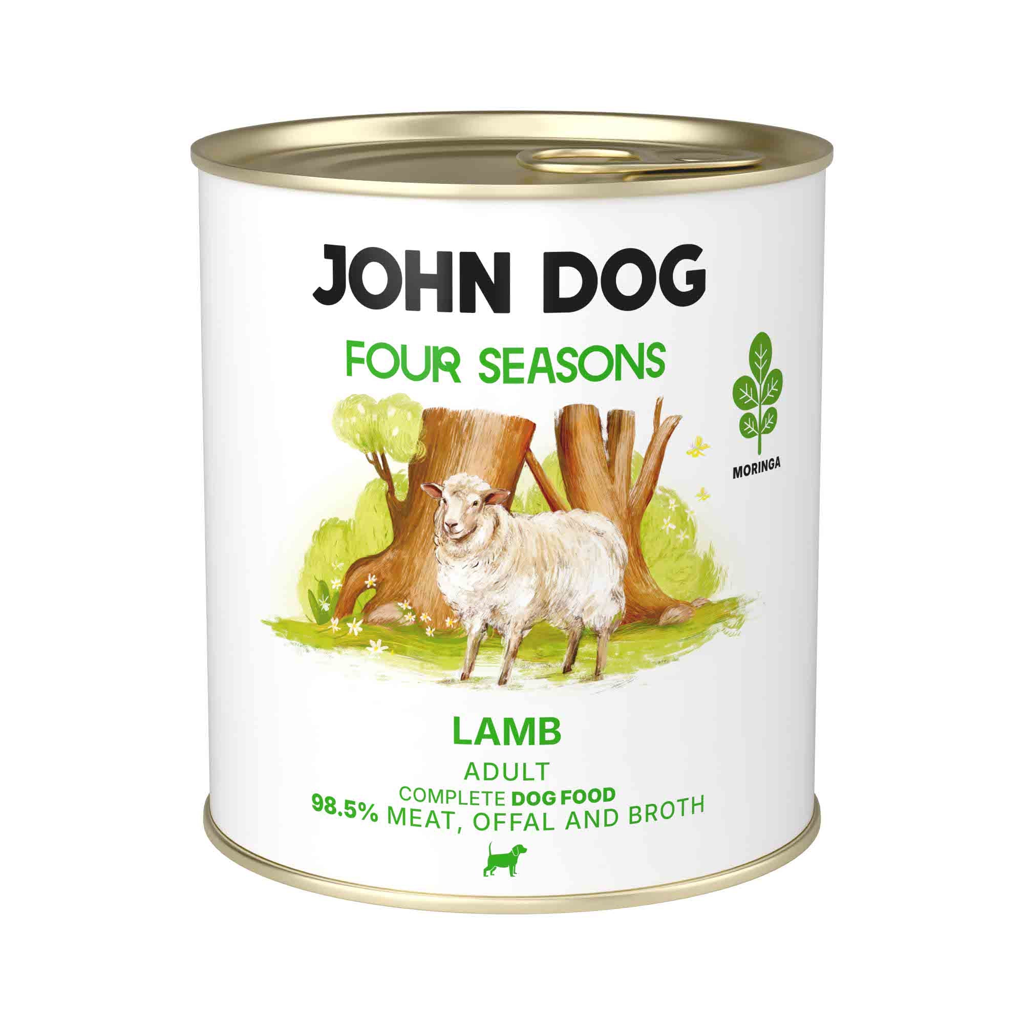 Puszka mokrej karmy dla psów John Dog Four Seasons Lamb Adult 800 g. Na białej etykiecie znajduje się ilustracja owcy stojącej przed pniami drzew oraz symbol moringi i zielone napisy.