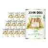 12 puszek mokrej karmy dla psów John Dog Four Seasons Lamb Adult 400 g. Na białych etykietach znajduje się ilustracja owcy stojącej przed pniami drzew oraz symbol moringi i zielone napisy.