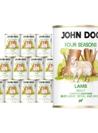 12 puszek mokrej karmy dla psów John Dog Four Seasons Lamb Adult 400 g. Na białych etykietach znajduje się ilustracja owcy stojącej przed pniami drzew oraz symbol moringi i zielone napisy.