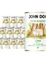 12 puszek mokrej karmy dla psów John Dog Four Seasons Lamb Adult 400 g. Na białych etykietach znajduje się ilustracja owcy stojącej przed pniami drzew oraz symbol moringi i zielone napisy.