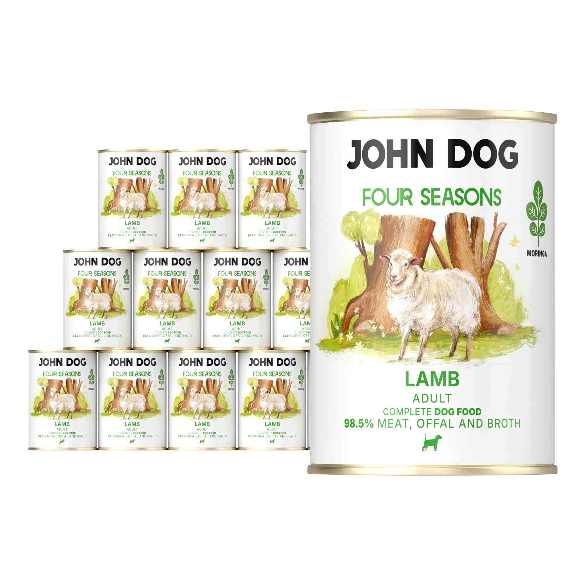 12 puszek mokrej karmy dla psów John Dog Four Seasons Lamb Adult 400 g. Na białych etykietach znajduje się ilustracja owcy stojącej przed pniami drzew oraz symbol moringi i zielone napisy.