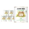 6 puszek mokrej karmy dla psów John Dog Four Seasons Lamb Adult 800 g. Na białych etykietach znajduje się ilustracja owcy stojącej przed pniami drzew oraz symbol moringi i zielone napisy.