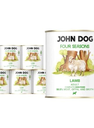 6 puszek mokrej karmy dla psów John Dog Four Seasons Lamb Adult 800 g. Na białych etykietach znajduje się ilustracja owcy stojącej przed pniami drzew oraz symbol moringi i zielone napisy.