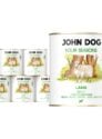 6 puszek mokrej karmy dla psów John Dog Four Seasons Lamb Adult 800 g. Na białych etykietach znajduje się ilustracja owcy stojącej przed pniami drzew oraz symbol moringi i zielone napisy.