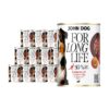 12 puszek mokrej karmy dla psa John Dog For Long Life kangaroo with pumpkin pulp 800 g. Na białej etykiecie po lewej stronie znajduje się zdjęcie psa rasy berneńczyk, po środku napisy z informacjami o karmie, po prawej stronie bordowy talerz z karmą, ilustracja dyni i kod qr.