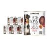 6 puszek mokrej karmy dla psa John Dog For Long Life kangaroo with pumpkin pulp 800 g. Na białej etykiecie po lewej stronie znajduje się zdjęcie psa rasy berneńczyk, po środku napisy z informacjami o karmie, po prawej stronie bordowy talerz z karmą, ilustracja dyni i kod qr.