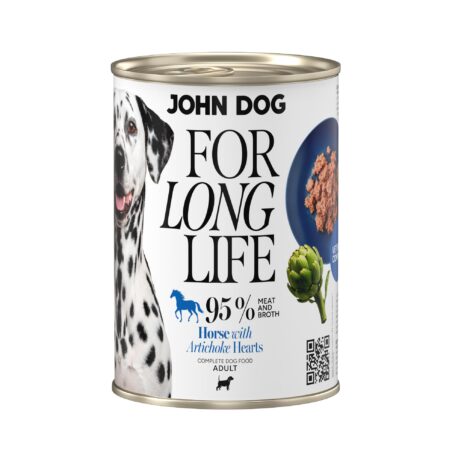 Puszka mokrej karmy dla psa John Dog For Long Life horse with artichoke hearts 400 g. Na białej etykiecie po lewej stronie znajduje się zdjęcie psa rasy dalmatyńczyk, po środku napisy z informacjami o karmie, po prawej stronie granatowy talerz z karmą, ilustracja karczocha i kod qr.