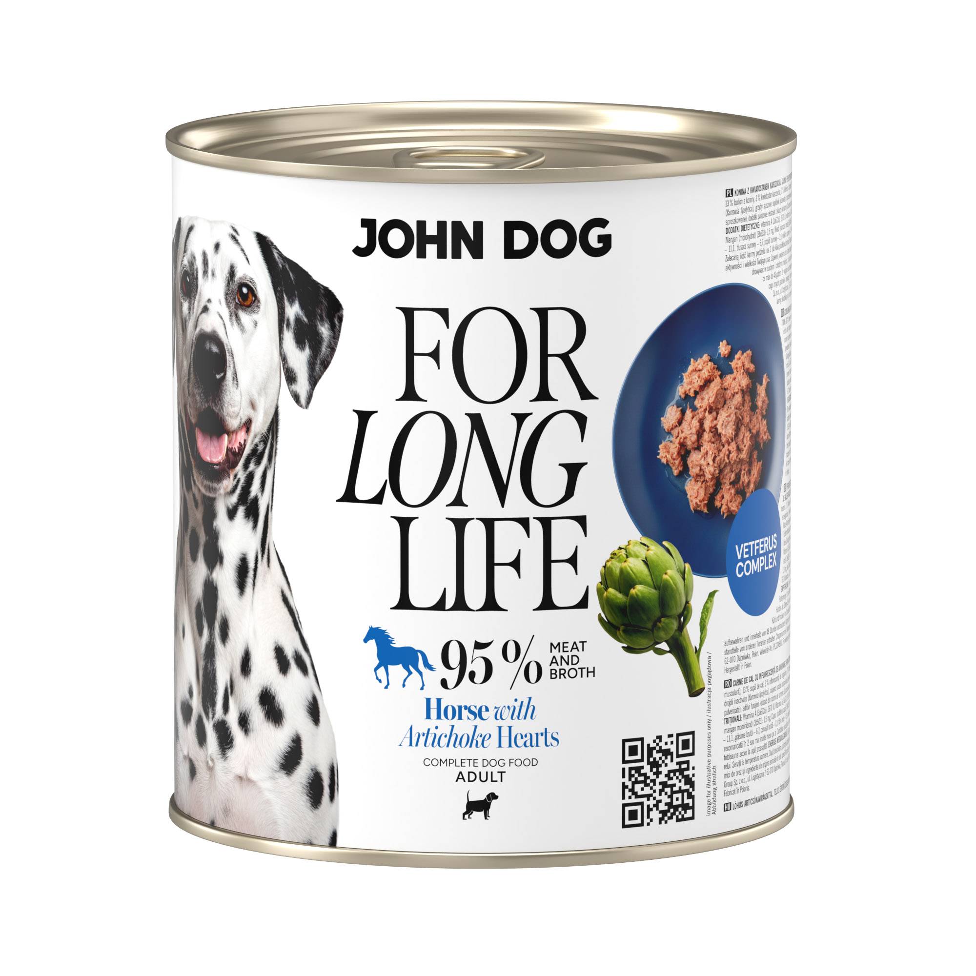 Puszka mokrej karmy dla psa John Dog For Long Life horse with artichoke hearts 800 g. Na białej etykiecie po lewej stronie znajduje się zdjęcie psa rasy dalmatyńczyk, po środku napisy z informacjami o karmie, po prawej stronie granatowy talerz z karmą, ilustracja karczocha i kod qr.