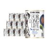 12 puszek mokrej karmy dla psa John Dog For Long Life horse with artichoke hearts 400 g. Na białej etykiecie po lewej stronie znajduje się zdjęcie psa rasy dalmatyńczyk, po środku napisy z informacjami o karmie, po prawej stronie granatowy talerz z karmą, ilustracja karczocha i kod qr.