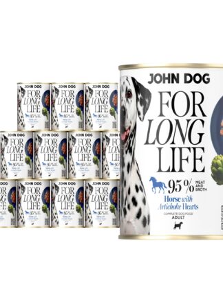 12 puszek mokrej karmy dla psa John Dog For Long Life horse with artichoke hearts 400 g. Na białej etykiecie po lewej stronie znajduje się zdjęcie psa rasy dalmatyńczyk, po środku napisy z informacjami o karmie, po prawej stronie granatowy talerz z karmą, ilustracja karczocha i kod qr.
