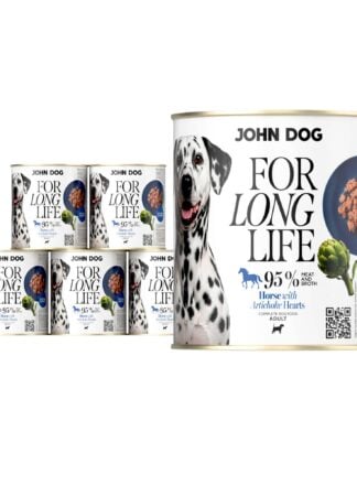 6 puszek mokrej karmy dla psa John Dog For Long Life horse with artichoke hearts 800 g. Na białej etykiecie po lewej stronie znajduje się zdjęcie psa rasy dalmatyńczyk, po środku napisy z informacjami o karmie, po prawej stronie granatowy talerz z karmą, ilustracja karczocha i kod qr.
