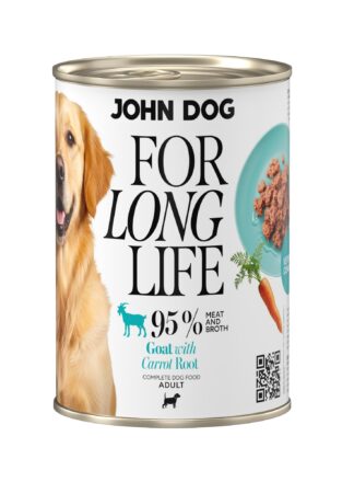Puszka mokrej karmy dla psa John Dog For Long Life goat with carrot root 400 g. Na białej etykiecie po lewej stronie znajduje się zdjęcie psa rasy golden retriver, po środku napisy z informacjami o karmie, po prawej stronie turkusowy talerz z karmą, ilustracja marchewki i kod qr.