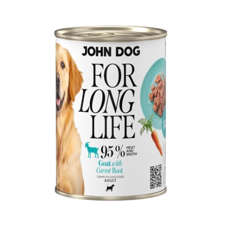 Puszka mokrej karmy dla psa John Dog For Long Life goat with carrot root 400 g. Na białej etykiecie po lewej stronie znajduje się zdjęcie psa rasy golden retriver, po środku napisy z informacjami o karmie, po prawej stronie turkusowy talerz z karmą, ilustracja marchewki i kod qr.
