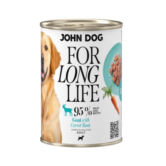 Puszka mokrej karmy dla psa John Dog For Long Life goat with carrot root 400 g. Na białej etykiecie po lewej stronie znajduje się zdjęcie psa rasy golden retriver, po środku napisy z informacjami o karmie, po prawej stronie turkusowy talerz z karmą, ilustracja marchewki i kod qr.