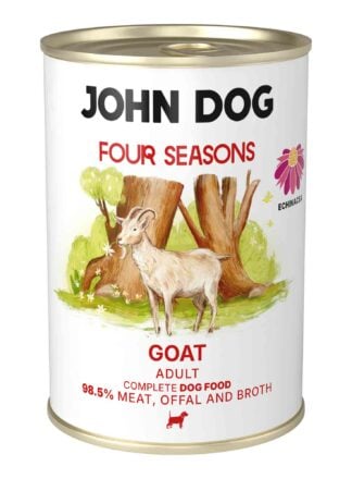 Puszka mokrej karmy dla psów John Dog Four Seasons Goat Adult 400 g. Na białej etykiecie znajduje się ilustracja kozy stojącej przed pniami drzew oraz symbol jeżówki i różowe napisy.
