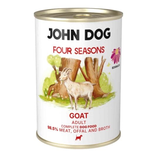 Puszka mokrej karmy dla psów John Dog Four Seasons Goat Adult 400 g. Na białej etykiecie znajduje się ilustracja kozy stojącej przed pniami drzew oraz symbol jeżówki i różowe napisy.