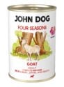 Puszka mokrej karmy dla psów John Dog Four Seasons Goat Adult 400 g. Na białej etykiecie znajduje się ilustracja kozy stojącej przed pniami drzew oraz symbol jeżówki i różowe napisy.