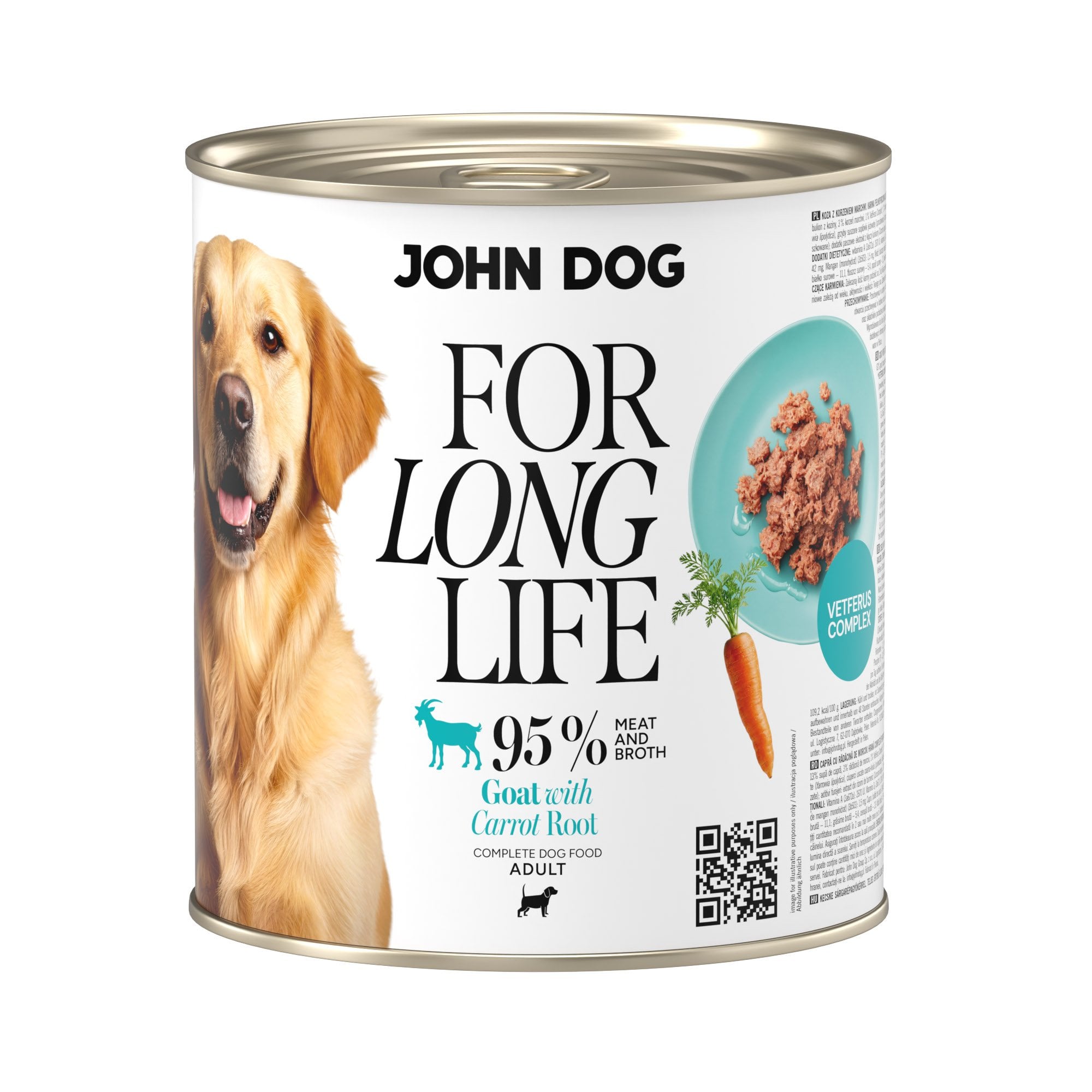 Puszka mokrej karmy dla psa John Dog For Long Life goat with carrot root 800 g. Na białej etykiecie po lewej stronie znajduje się zdjęcie psa rasy golden retriver, po środku napisy z informacjami o karmie, po prawej stronie turkusowy talerz z karmą, ilustracja marchewki i kod qr.