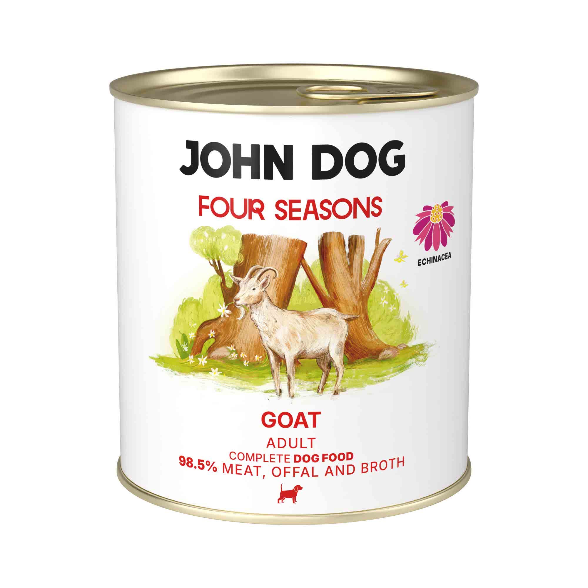 Puszka mokrej karmy dla psów John Dog Four Seasons Goat Adult 800 g. Na białej etykiecie znajduje się ilustracja kozy stojącej przed pniami drzew oraz symbol jeżówki i różowe napisy.