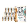 12 puszek mokrej karmy dla psa John Dog For Long Life goat with carrot root 400 g. Na białej etykiecie po lewej stronie znajduje się zdjęcie psa rasy golden retriver, po środku napisy z informacjami o karmie, po prawej stronie turkusowy talerz z karmą, ilustracja marchewki i kod qr.