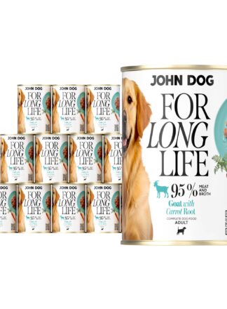 12 puszek mokrej karmy dla psa John Dog For Long Life goat with carrot root 400 g. Na białej etykiecie po lewej stronie znajduje się zdjęcie psa rasy golden retriver, po środku napisy z informacjami o karmie, po prawej stronie turkusowy talerz z karmą, ilustracja marchewki i kod qr.