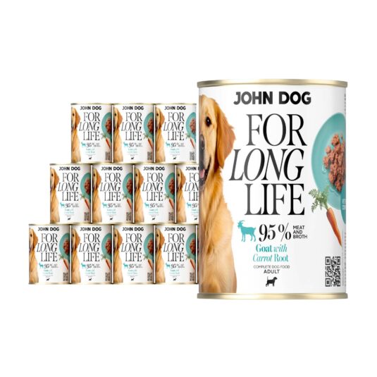 12 puszek mokrej karmy dla psa John Dog For Long Life goat with carrot root 400 g. Na białej etykiecie po lewej stronie znajduje się zdjęcie psa rasy golden retriver, po środku napisy z informacjami o karmie, po prawej stronie turkusowy talerz z karmą, ilustracja marchewki i kod qr.