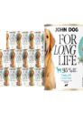 12 puszek mokrej karmy dla psa John Dog For Long Life goat with carrot root 400 g. Na białej etykiecie po lewej stronie znajduje się zdjęcie psa rasy golden retriver, po środku napisy z informacjami o karmie, po prawej stronie turkusowy talerz z karmą, ilustracja marchewki i kod qr.