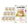 12 puszek mokrej karmy dla psów John Dog Four Seasons Goat Adult 400 g. Na białych etykietach znajduje się ilustracja kozy stojącej przed pniami drzew oraz symbol jeżówki i różowe napisy.